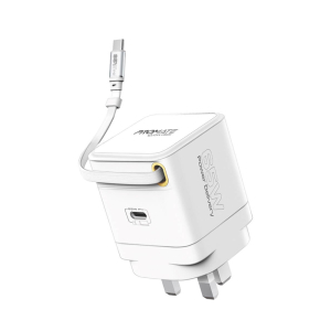 شاحن جداري بروميت Cubix-R65 فائق السرعة بتقنية GaNFast مع كيبل USB-C مدمج لتوصيل الطاقة بقوة 65 واط، منفذ USB-C لتوصيل الطاقة بقوة 65 واط، حماية متقدمة من ارتفاع التيار، نظام حماية متكامل Multi-Protect، تقنية الشحن الذكي - أبيض