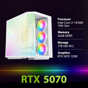 بي سي قمينق المعالج انتل كور آي 7-14700F، الرامات 32 جيجابايت، سعة التخزين 1 تيرابايت M.2 SSD، كرت الشاشة RTX 5070 12GB، ويندوز 11 بروفيشنال - ابيض