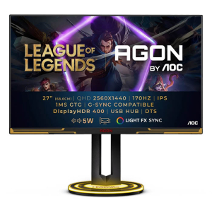 شاشة العاب AGON AG275QXL AOC برو بريميوم مقاس 27 بوصة 2K كيو اتش دي 2560x1440، تقنية العرض IPS، معدل التحديث 170 هيرتز، سرعة الاستجابة 1 ملي ثانية، تأثيرات ضوئية Light FX Sync، تقنية المزامنة انفيديا جي سينك، سماعات صوت داخلية - اسود / ذهبي