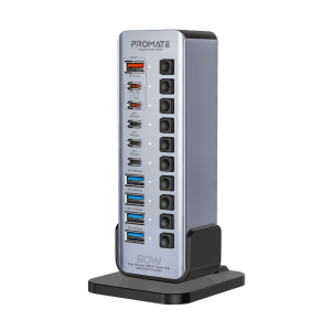 موزع بروميت GegaTower-60W متعدد المنافذ 14 في 1 بقوة 60 وات، 3 منافذ USB-C بسرعة نقل البيانات 5 جيجابت في الثانية، 4 منافذ USB-A بسرعة نقل البيانات 5 جيجابت في الثانية، عدد 2 منافذ USB-C