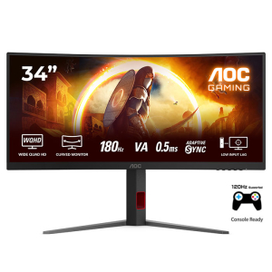 شاشة الألعاب CU34G4 AOC المنحنية مقاس 34 بوصة 3440x1440 WQHD، أتش دي آر 10، تقنية العرض VA، معدل التحديث 180 هيرتز، سرعة الاستجابة 0.5 ملي ثانية، تقنية المزامنة Adaptive سينك، استناد قابل للتعديل - اسود / احمر