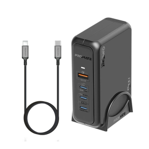 منصة شحن بروميت GaNPort-140W نوع USB-C لتوصيل الطاقة بقوة 140 واط، عدد 3 منافذ USB-C نوع (PD 3.1)، منفذ USB-A للشحن السريع بقدرة 18واط (3.0)، كيبل USB-C بقدرة 240 واط لتوصيل الطاقة - أسود