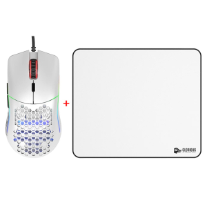 ماوس قيمنق جلورويس موديل O إضاءة RGB مع ماوس باد، Minus، دقة 12000 DPI ، وزن خفيف 58 غرام، تقنية Omron الميكانيكية 20 مليون نقرة، تقنية التوصيل USB - ابيض غير لامع