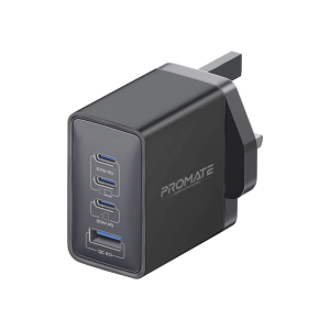 رأس شاحن جداري بروميت GaNPort4-67PD فائق السرعة بتقنية GaN، منافذ USB-C عدد 2 بقوة توصيل طاقة 67 واط، منفذ USB-C بقوة 20 واط، منفذ 3.0 USB-A شحن سريع بقوة 22.5 واط، حماية من زيادة التيار، حماية من ماس كهربائي - أسود