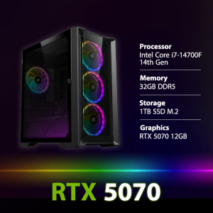 بي سي قمينق المعالج انتل كور آي 7-14700F، الرامات 32 جيجابايت، سعة التخزين 1 تيرابايت M.2 SSD، كرت الشاشة RTX 5070 12GB، ويندوز 11 بروفيشنال - اسود