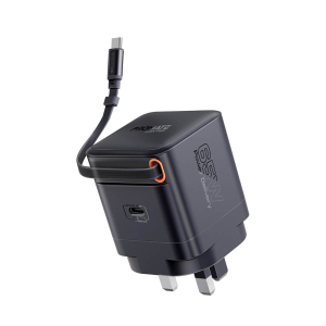 شاحن جداري بروميت Cubix-R65 فائق السرعة بتقنية GaNFast مع كيبل USB-C مدمج لتوصيل الطاقة بقوة 65 واط، منفذ USB-C لتوصيل الطاقة بقوة 65 واط، حماية متقدمة من ارتفاع التيار، نظام حماية متكامل Multi-Protect، تقنية الشحن الذكي - أسود