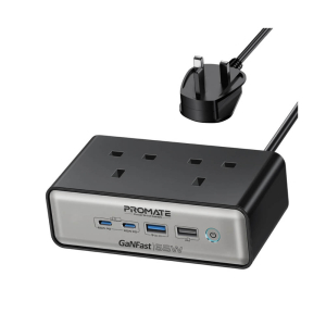 منصة شحن بروميت PowerBrix2-GaN65 المتعددة 6 في 1 توفر طاقة شحن 65 واط بتقنية GaNFast، عدد 2 منافذ كهرباء بقدرة إخراج 3250 واط، عدد 2 منافذ USB-C لتوصيل الطاقة بقوة 65 واط، منفذ USB-A للشحن السريع بقدرة 15واط (3.0) ،منفذ USB-A، طول الكيبل 2 أمتار - أسود